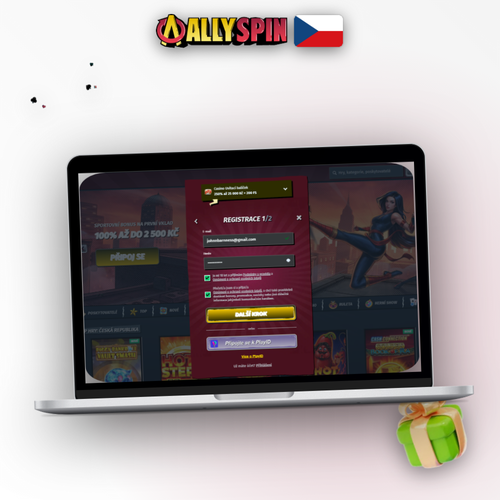 Allyspin Casino registrace – přihlašovací formulář na notebooku s tlačítkem pro založení účtu